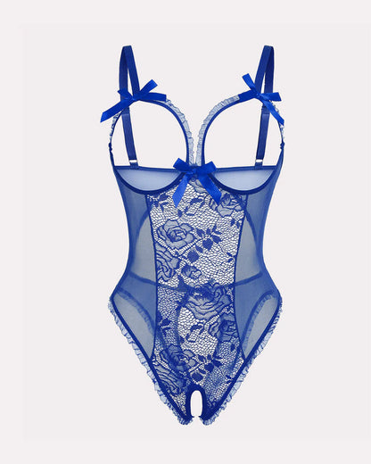 Sexy Flower Lace Mesh Stitching Chest Hollow Open Crotch One-Piece Pajamas