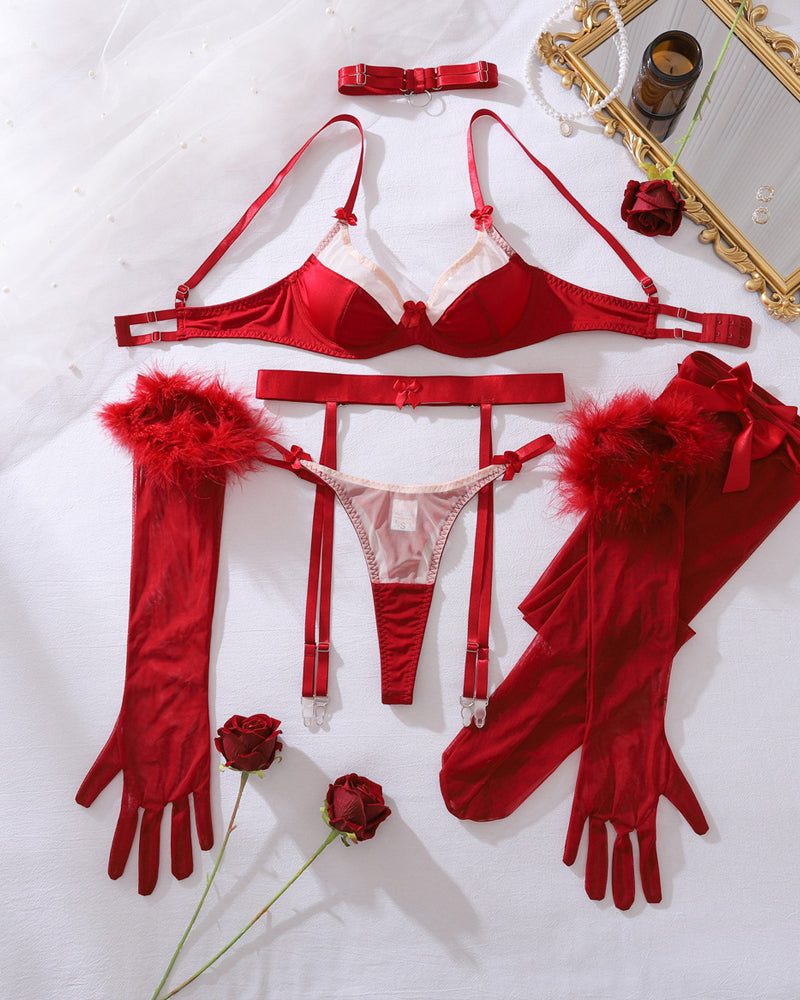 Sexy Bowknot Mesh Panel Bra and Panty Set + Gloves + Stockings