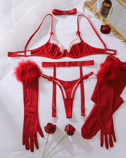 Sexy Bowknot Mesh Panel Bra and Panty Set + Gloves + Stockings